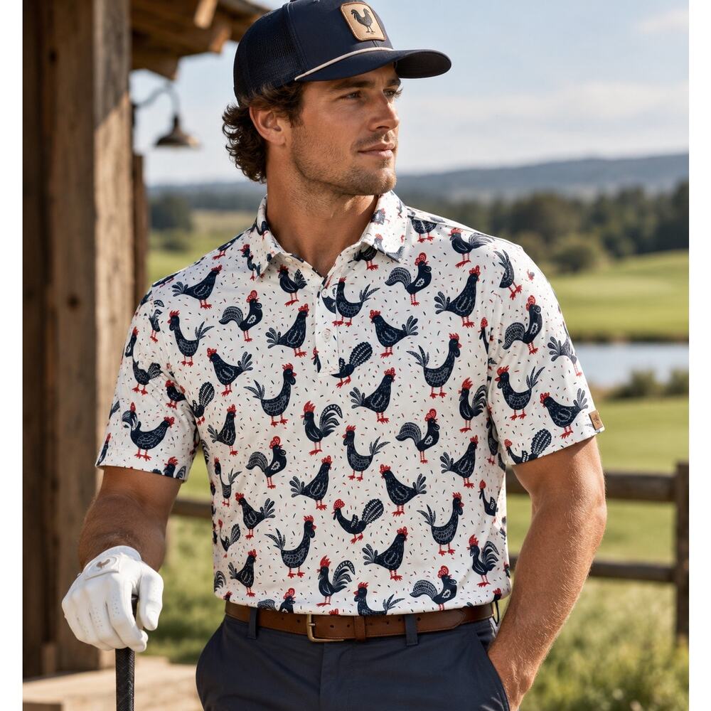 Iron Oak Rooster Western Golf Pearl Snap Polo White Red — Medium - Picture 9 of 10